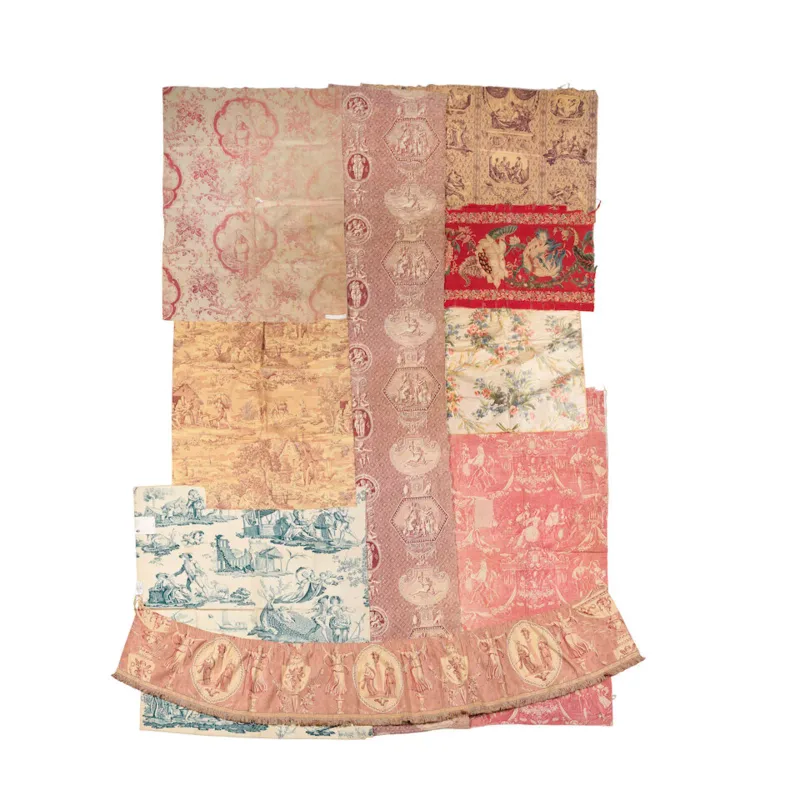 A panel of French silk chiné, together with seven French printed toiles