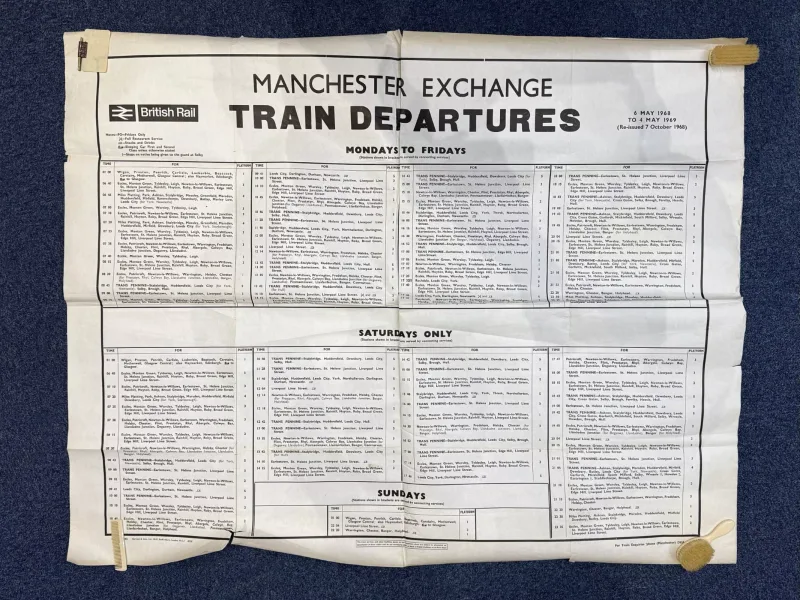 Old Railway Poster - Manchester Exchange Train Departures May 1968, British Rail, size 5' x 4'