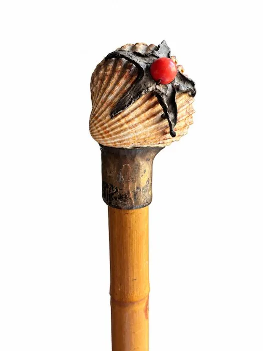 Rare Antique Nautical Walking Cane –.900 Silver, Natural Seashell & Coral – c. 1900 Walking stick -.900 silver, Bamboo